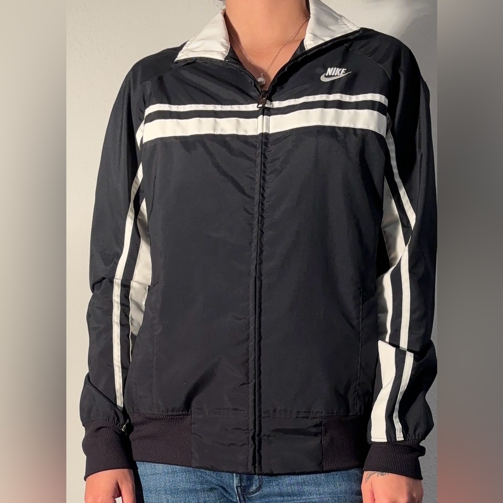 Vintage Nike Full Zip Up Jacket Black White Active Lightweight Womens Medium